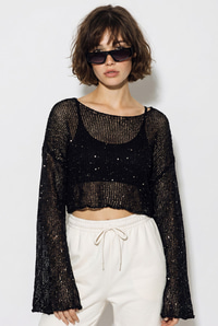 Kadın Kayık Yaka Pullu File Dokulu Yarasa Kollu Crop Bluz 2765 60286345 - Siyah BLUZ modelleri