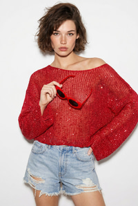Kadın Kayık Yaka Pullu File Dokulu Yarasa Kollu Crop Bluz 2765 60286345 - Kırmızı BLUZ modelleri