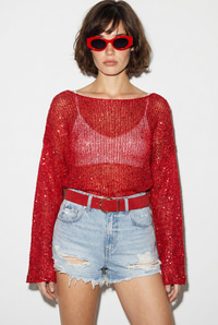 Kadın Kayık Yaka Pullu File Dokulu Yarasa Kollu Crop Bluz 2765 60286345 - Kırmızı BLUZ modelleri