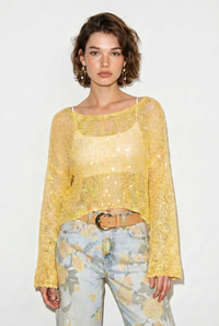 Kadın Kayık Yaka Pullu File Dokulu Yarasa Kollu Crop Bluz 2765 60286345 - Sarı BLUZ modelleri