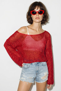 Kadın Kayık Yaka Pullu File Dokulu Yarasa Kollu Crop Bluz 2765 60286345 - Kırmızı BLUZ modelleri