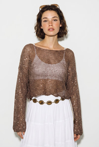 Kadın Kayık Yaka Pullu File Dokulu Yarasa Kollu Crop Bluz 2765 60286345 - Vizon BLUZ modelleri