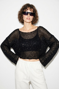 Kadın Kayık Yaka Pullu File Dokulu Yarasa Kollu Crop Bluz 2765 60286345 - Siyah BLUZ modelleri