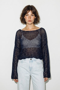 Kadın Kayık Yaka Pullu File Dokulu Yarasa Kollu Crop Bluz 2765 60286345 - Lacivert BLUZ modelleri