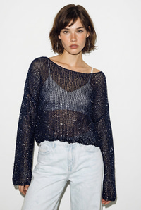 Kadın Kayık Yaka Pullu File Dokulu Yarasa Kollu Crop Bluz 2765 60286345 - Lacivert BLUZ modelleri