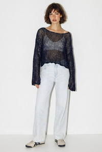 Kadın Kayık Yaka Pullu File Dokulu Yarasa Kollu Crop Bluz 2765 60286345 - Lacivert BLUZ modelleri