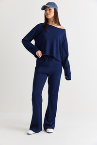 Kadın Kayık Yaka Salaş Bluz Yüksek Bel İspanyol Paça Pantolon Modal Basic Takım 12281 60286556 - Lacivert ALT - ÜST TAKIM modelleri