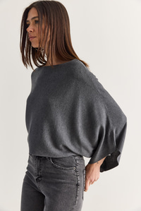 Kadın Kayık Yaka Yarasa Kol Oversize Crop Triko Kazak TK261126 60286718 - Füme KAZAK modelleri