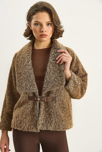 Kadın Kemerli Astarlı Keçe Ceket Kaban 2062 60283746 - Camel DIŞ GİYİM modelleri