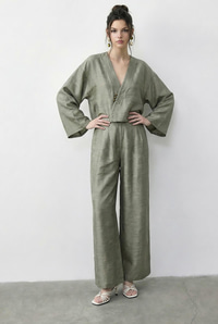 Kadın Kendinden Çiçek Desenli Kruvaze Kimono Salaş Pantolonlu Alt-Üst Takım 60613 60283998 - Su Yeşili ALT - ÜST TAKIM modelleri