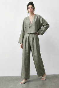 Kadın Kendinden Çiçek Desenli Kruvaze Kimono Salaş Pantolonlu Alt-Üst Takım 60613 60283998 - Su Yeşili ALT - ÜST TAKIM modelleri
