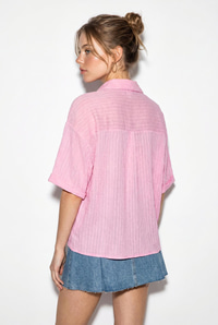 Kadın Kendinden Çizgili Açık Yaka Oversize Kısa Kol Gömlek 60282055 - Şeker Pembe GÖMLEK modelleri