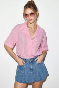 Kadın Kendinden Çizgili Açık Yaka Oversize Kısa Kol Gömlek 60282055 - Şeker Pembe GÖMLEK modelleri