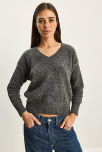 Kadın Kendinden Dokulu V Yaka Kazak 8078 60283688 - Antrasit KAZAK modelleri