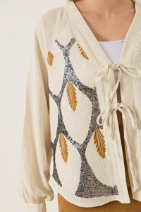 Kadın Keten Pul Payet Nakışlı Bağlama Detaylı Kimono MH-6098 60283206 - Bej
