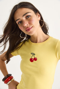 Kadın Kiraz Nakışlı Fitilli Basic Crop T-Shirt 4053 60283400 - Limon Sarısı