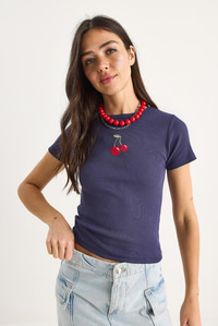 Kadın Kiraz Nakışlı Fitilli Basic Crop T-Shirt 4053 60283400 - Mor