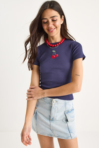 Kadın Kiraz Nakışlı Fitilli Basic Crop T-Shirt 4053 60283400 - Mor
