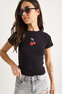 Kadın Kiraz Nakışlı Fitilli Basic Crop T-Shirt 4053 60283400 - Siyah
