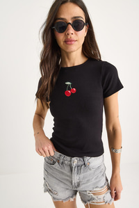 Kadın Kiraz Nakışlı Fitilli Basic Crop T-Shirt 4053 60283400 - Siyah