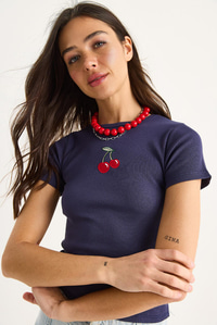 Kadın Kiraz Nakışlı Fitilli Basic Crop T-Shirt 4053 60283400 - Mor