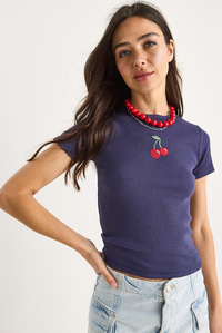 Kadın Kiraz Nakışlı Fitilli Basic Crop T-Shirt 4053 60283400 - Mor