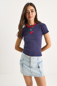 Kadın Kiraz Nakışlı Fitilli Basic Crop T-Shirt 4053 60283400 - Mor