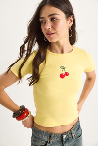 Kadın Kiraz Nakışlı Fitilli Basic Crop T-Shirt 4053 60283400 - Limon Sarısı