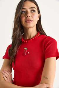 Kadın Kiraz Nakışlı Fitilli Basic Crop T-Shirt 4053 60283400 - Kırmızı