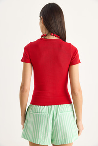 Kadın Kiraz Nakışlı Fitilli Basic Crop T-Shirt 4053 60283400 - Kırmızı
