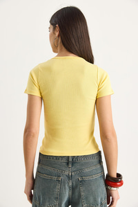 Kadın Kiraz Nakışlı Fitilli Basic Crop T-Shirt 4053 60283400 - Limon Sarısı