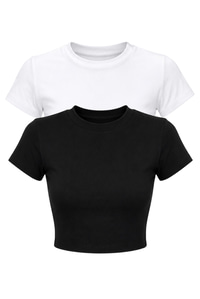 Kadın Kısa Kollu Bisiklet Yaka Crop T-Shirt 60286904 - Siyah-Beyaz T-SHİRT modelleri
