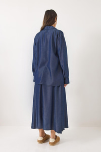 Kadın Kloş Cep Detaylı Kemerli Etek Oversize Uzun Gömlek Yazlık Denim Alt-Üst Takım 9308 60283142 - Lacivert