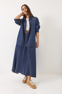 Kadın Kloş Cep Detaylı Kemerli Etek Oversize Uzun Gömlek Yazlık Denim Alt-Üst Takım 9308 60283142 - Lacivert