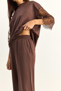Kadın Kolları Dantelli Oversize Basic T-Shirt Beli Lastikli Bol Pantolon Alt-Üst Modal Takım 4115 60286085 - Acı Kahve ALT - ÜST TAKIM modelleri