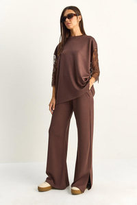 Kadın Kolları Dantelli Oversize Basic T-Shirt Beli Lastikli Bol Pantolon Alt-Üst Modal Takım 4115 60286085 - Acı Kahve ALT - ÜST TAKIM modelleri
