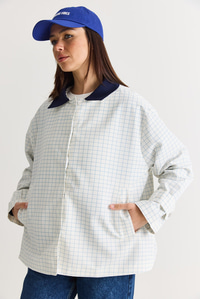 Kadın Kontrast Yaka Ekose Desenli Astarlı Oversize Trençkot M-1 60286563 - Beyaz-Lacivert DIŞ GİYİM modelleri