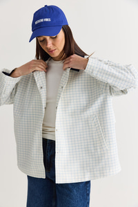 Kadın Kontrast Yaka Ekose Desenli Astarlı Oversize Trençkot M-1 60286563 - Beyaz-Lacivert DIŞ GİYİM modelleri