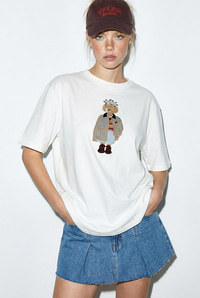 Kadın Köpek Nakışlı Taş İşlemeli Relaxed Fit %100 Pamuk T-Shirt 1077 60286067 - Beyaz T-SHİRT modelleri