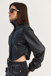 Kadın Korse Detaylı Drape Kollu Crop Suni Deri Ceket 8057 60286527 - Siyah CEKET modelleri