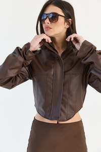 Kadın Korse Detaylı Drape Kollu Crop Suni Deri Ceket 8057 60286527 - Acı Kahve CEKET modelleri
