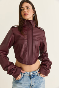 Kadın Korse Detaylı Drape Kollu Crop Suni Deri Ceket 8057 60286527 - Bordo CEKET modelleri