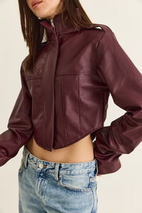 Kadın Korse Detaylı Drape Kollu Crop Suni Deri Ceket 8057 60286527 - Bordo CEKET modelleri