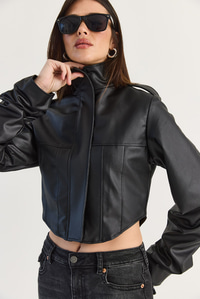 Kadın Korse Detaylı Drape Kollu Crop Suni Deri Ceket 8057 60286527 - Siyah CEKET modelleri
