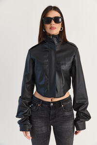 Kadın Korse Detaylı Drape Kollu Crop Suni Deri Ceket 8057 60286527 - Siyah CEKET modelleri