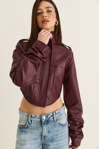 Kadın Korse Detaylı Drape Kollu Crop Suni Deri Ceket 8057 60286527 - Bordo CEKET modelleri