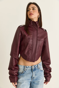 Kadın Korse Detaylı Drape Kollu Crop Suni Deri Ceket 8057 60286527 - Bordo CEKET modelleri