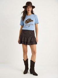 Kadın Kovboy Şapka Nakışlı Boncuk İşlemeli Basic T-Shirt 7581 60283950 - Bebe Mavisi T-SHİRT modelleri