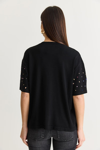 Kadın Kristal Taş Baskılı Oversize Merserize Kısa Kollu Bluz 2905 60286568 - Siyah BLUZ modelleri