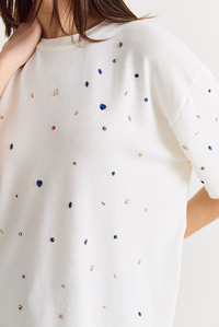 Kadın Kristal Taş Baskılı Oversize Merserize Kısa Kollu Bluz 2905 60286568 - Ekru BLUZ modelleri